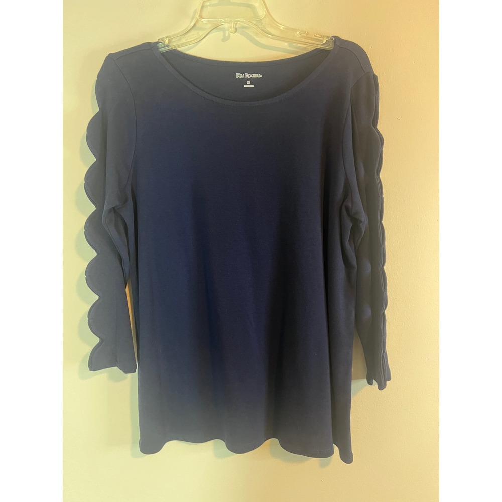 Kim Rogers Navy Blue Scallop Cutout Sleeve Knit Top Medium Scoop Neck Blouse